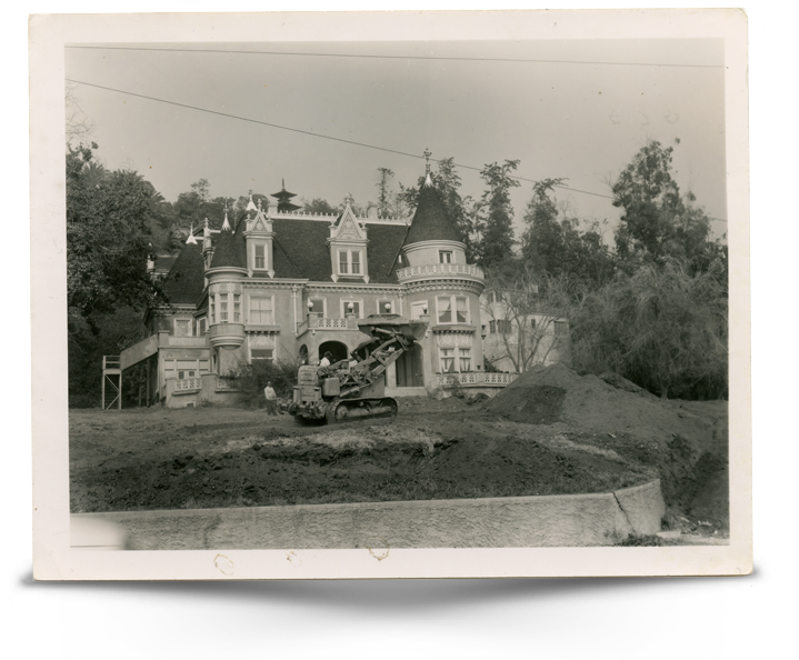 Early photograph of The Magic Castle undergoing exterior renovations